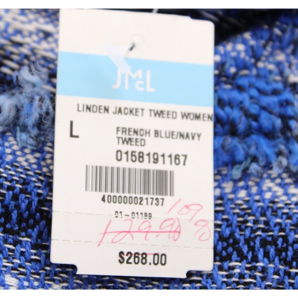 NWT J McLaughlin Linden Blue Striped Tweed Fringe Bell Sleeve Jacket Size L - Picture 7 of 10